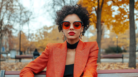 A fashionable woman in bold sunglasses and a structured blazer, seated elegantly on a park bench.の素材
