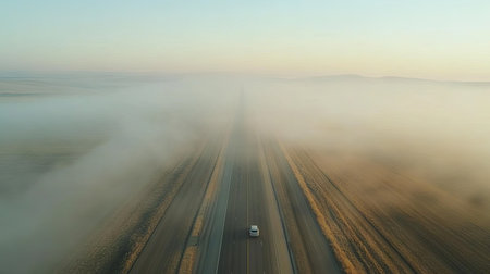A drone view of a fog-covered highway stretching endlessly into the distance, with faintly visible vehicles.の素材