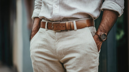 A fashionable guy in a linen shirt tucked into beige pants, accentuated by a wide leather belt.の素材