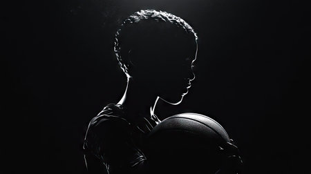A dramatic side view of a player holding a basketball, with sharp shadows and a spotlight effect on a black background.の素材