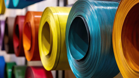 A creative workspace with colorful walls, communal desks, and art installations in a modern office setting.の素材