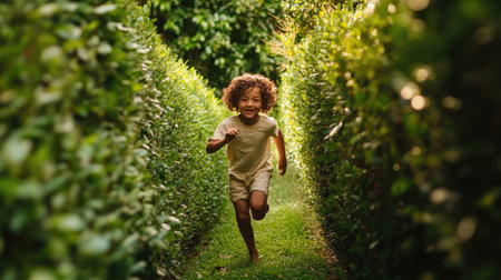 An adventurous child running through a bush labyrinth, with high hedges towering above them.の素材