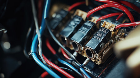 A detailed image of a completed wiring project with all connections securely wrapped in electrical tape.の素材