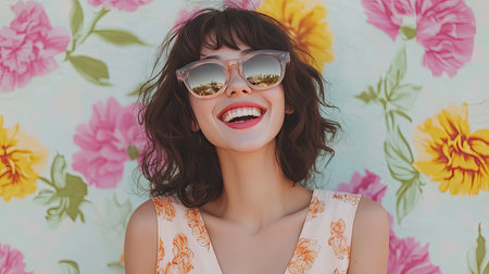 A fashionable woman in gradient sunglasses and a pastel jumpsuit, smiling against a floral backdrop.の素材