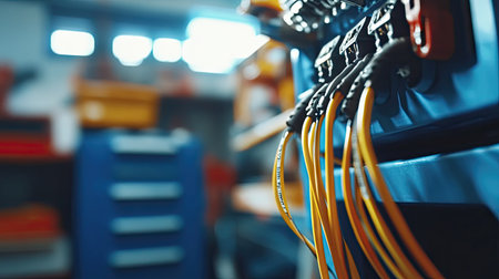 A detailed shot of wire connections joined and neatly wrapped with electrical tape, with a blurred toolbox in the background.の素材