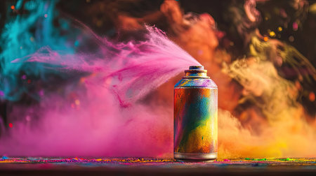A dynamic shot of a spray paint can mid-spray, with vibrant paint mist floating in the air.の素材