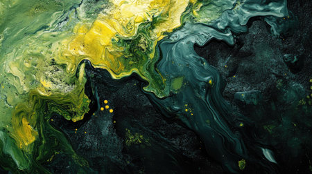 A dramatic close-up of a brush loaded with mixed green and yellow paint on a textured palette.の素材