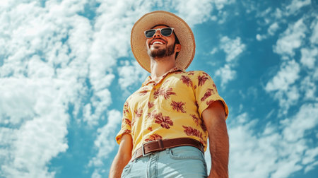 A fashionable guy in a summer outfit, wearing shorts and a canvas belt, smiling under a sunny sky.の素材