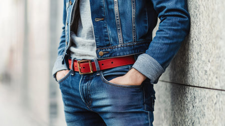 A fashionable guy wearing a denim jacket and a bold red belt, leaning casually against a wall.の素材