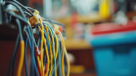 A detailed shot of wire connections joined and neatly wrapped with electrical tape, with a blurred toolbox in the background.の素材