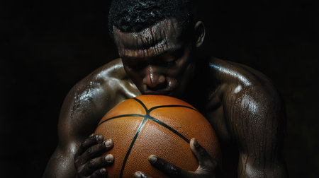A dramatic image of a player clutching a basketball tightly, with sweat glistening, isolated on a black background.の素材