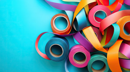 A dynamic composition of multi-colored tape rolls fanned out on a bright turquoise background.の素材