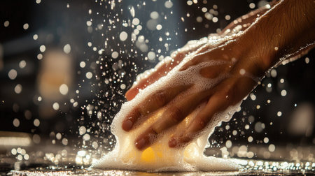 A close-up of hands lathering with soap under running water, with droplets sparkling as the water flows from the faucet.の素材