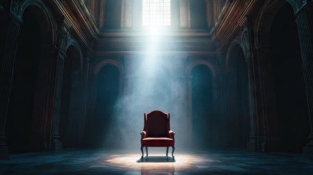 A throne-like chair in a vast dark hall, a single ray of light streaming through a high window.の素材