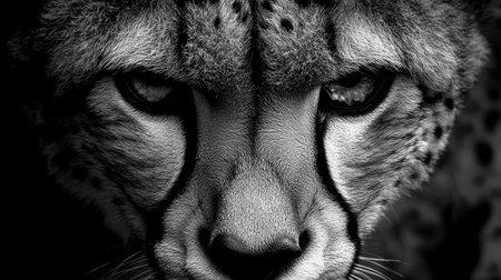 An amazing closeup of a cheetah with intense eyes, showcasing its stunning fur pattern and sleek body, captured in the wild.の素材