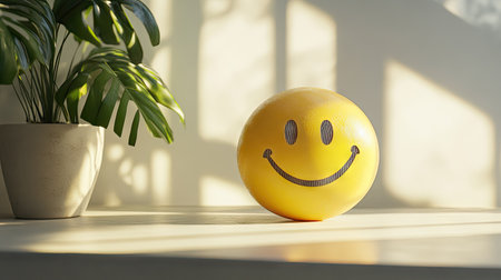 Yellow smiley face sticker casting a soft shadow on a white surface, creating a subtle D effect.の素材