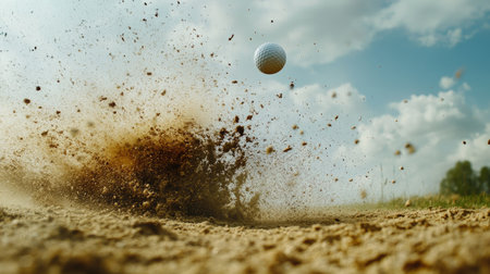A powerful strike sends a golf ball flying from a sand bunker, sand spraying dramatically around the tee.の素材