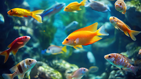 An aquarium tank filled with a mix of small and large fish, creating an active, colorful scene with lush greenery and smooth rocks.の素材