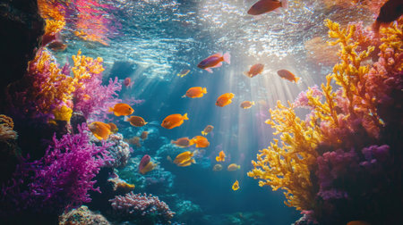 An aquarium tank with a variety of tropical fish, creating a lively underwater world with shimmering water and vibrant plants.の素材