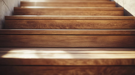 Close-up of minimalist wooden steps with metal accents, leading to a bright and airy upper floor in a modern home.の素材