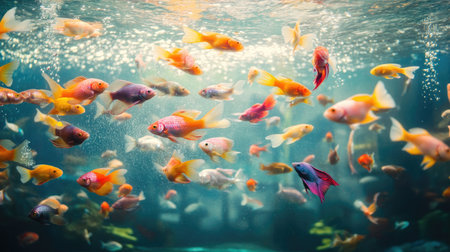 A mesmerizing aquarium tank with multiple species of fish, from vibrant bettas to peaceful guppies, swimming in crystal-clear water.の素材
