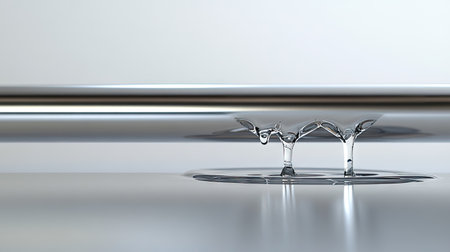 A dripping stainless steel pipe with water forming a puddle below, isolated on a white surface.の素材