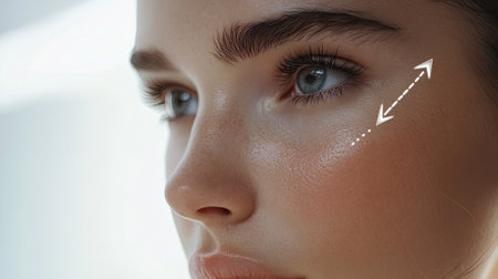 Close-up of a womans flawless face, white arrows demonstrating an anti-aging lifting effect on her skin.の素材
