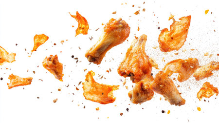 Crispy, golden roasted chicken wings with aromatic spices flying around them, adding a flavor explosion, isolated on a white background.の素材