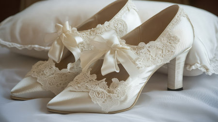 White high heel wedding shoes adorned with lace and ribbons, beautifully arranged on a white satin pillow.の素材