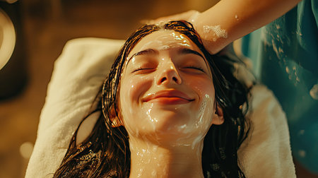 Woman lying back with a calm smile while a hairstylist shampoos her hair at a luxurious salon.の素材