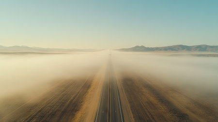 A drone view of a fog-covered highway stretching endlessly into the distance, with faintly visible vehicles.の素材