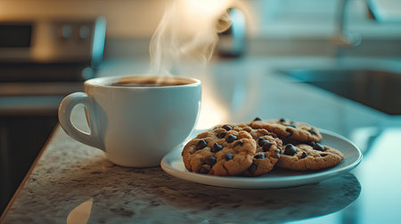 A close-up of a steaming cup of coffee next to a plate of chocolate chip cookies on a kitchen counterの素材