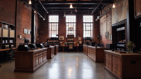 An industrial-style office interior with exposed brick walls, high ceilings, and wooden desks lined up symmetrically.の素材