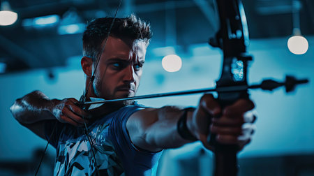 A competitive archer aiming his bow with extreme focus in a professional indoor arenaの素材