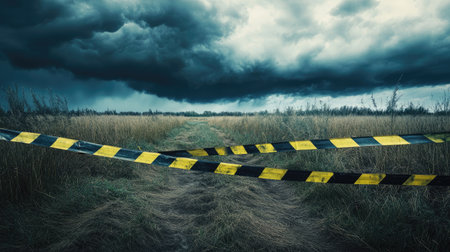 A dramatic stormy sky above a field, with yellow and black barricade tape marking a safety perimeterの素材