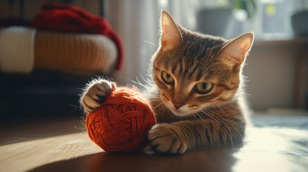A curious cat pawing at a ball of yarn, playing with it in a room filled with natural light and comfortable home elements.の素材