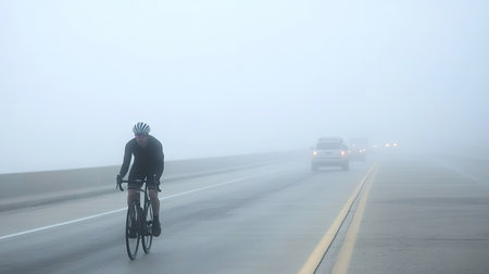A cyclist riding on a foggy highway shoulder, with faint outlines of vehicles ahead.の素材