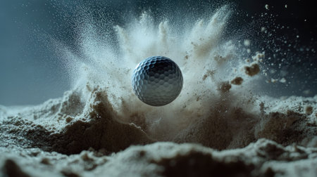 High-speed shot of a golf ball leaving a sand bunker, with sand spraying outward in a beautiful arc.の素材