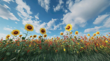 Sunflowers reaching towards the cloudy blue sky, with a colorful field extending as far as the eye can see.の素材