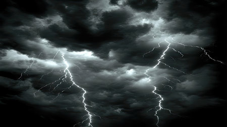A dramatic storm sky with black clouds illuminated by flashes of lightning, creating a high-contrast visual.の素材