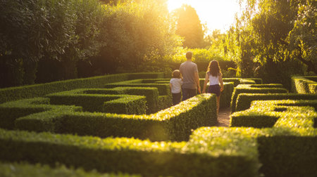 A family walking through a green hedge maze, exploring the winding paths under warm sunlight.の素材