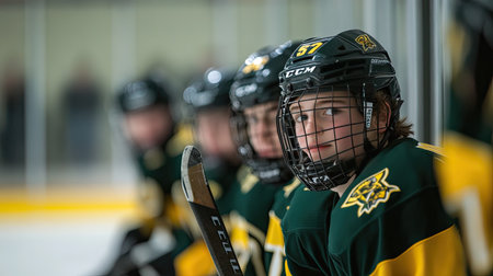 A young hockey player adjusting their stick on the bench during a break, with teammates in the background.の素材
