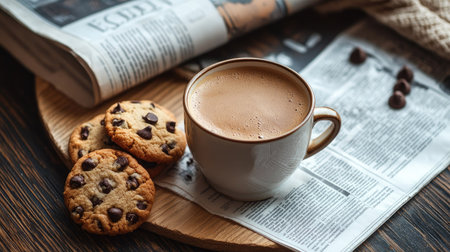 A cozy breakfast scene with a cup of coffee, chocolate chip cookies, and a newspaper on a wooden tableの素材