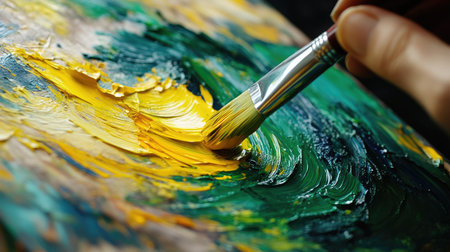 A dynamic shot of a hand swirling a brush in yellow and green paints on a mixing palette.の素材