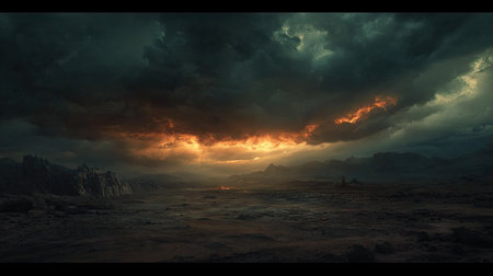 A dark and dramatic sky with thick storm clouds hanging low over a barren landscape.の素材