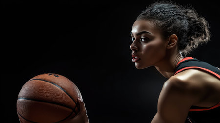 A female basketball player in a sleek uniform gripping the ball with focus, isolated on a plain black background.の素材