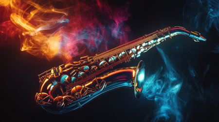 An abstract composition featuring a saxophone with swirling smoke illuminated by colorful spotlights on a black background.の素材