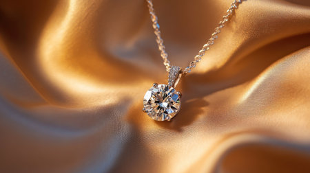 A luxury diamond pendant necklace with a modern design, placed delicately on a fine silk cloth with ambient lighting.の素材