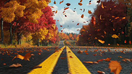 A highway with yellow center lines, framed by a row of autumn-colored trees and falling leaves.の素材