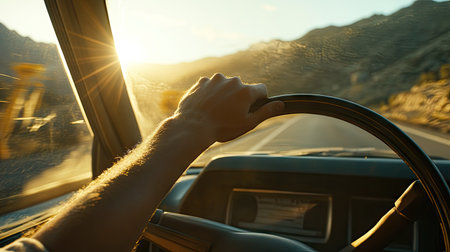 A hand gripping a steering wheel while driving through a scenic highway, with sunlight streaming through the windows.の素材